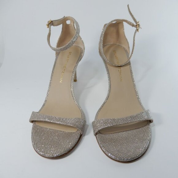 STUART WEITZMAN Nudist Heels Ankle Strap SANDALS Sz 9.5 Poudre Metallic NEW $525 - Picture 6 of 15